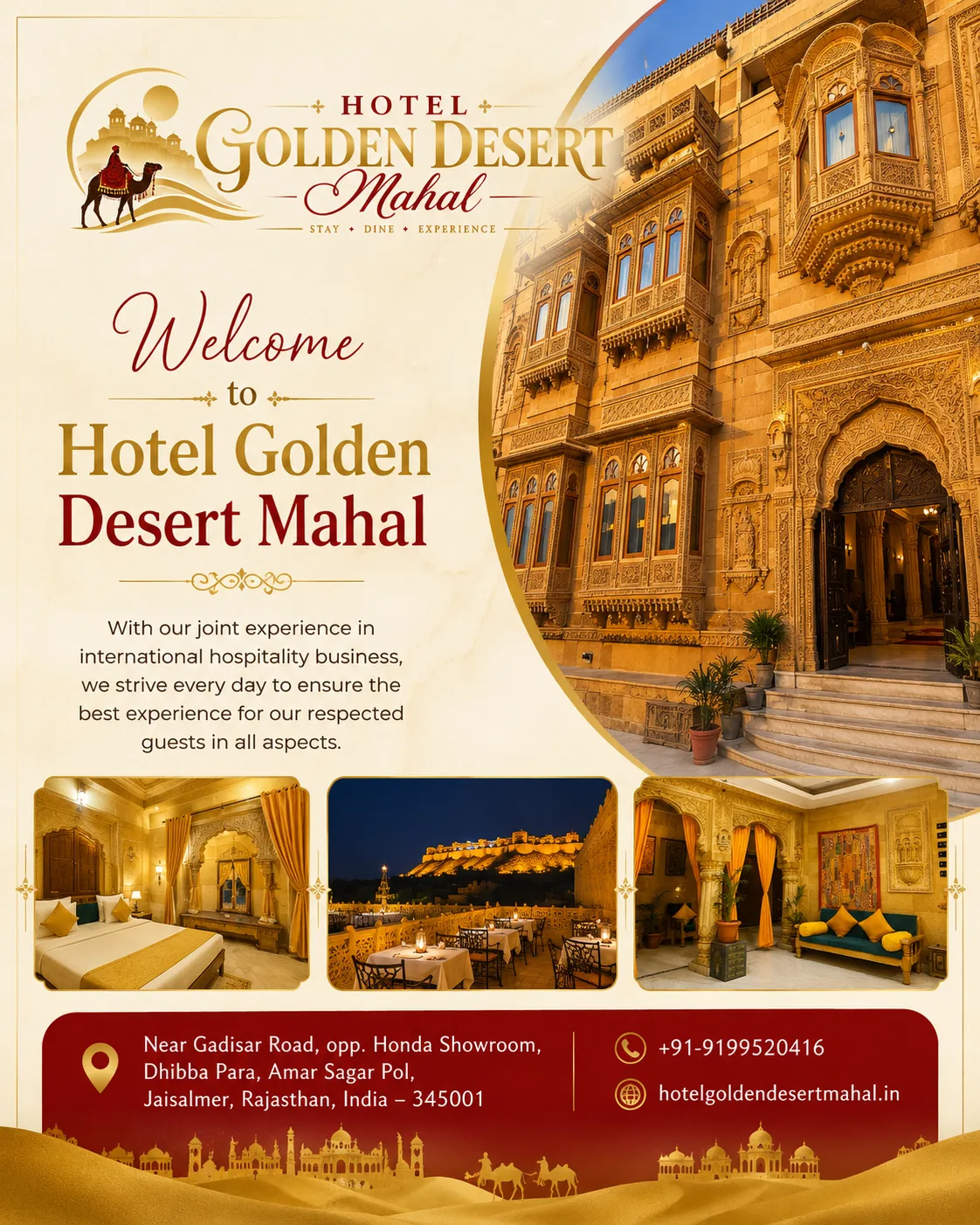 Warm hotel lobby at Hotel Golden Desert Mahal in Jaisalmer
